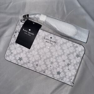 Kate Spade Lucy L-Zip Wristlet Platinum NWT - Glam Preppy Sparkle Stars Silver